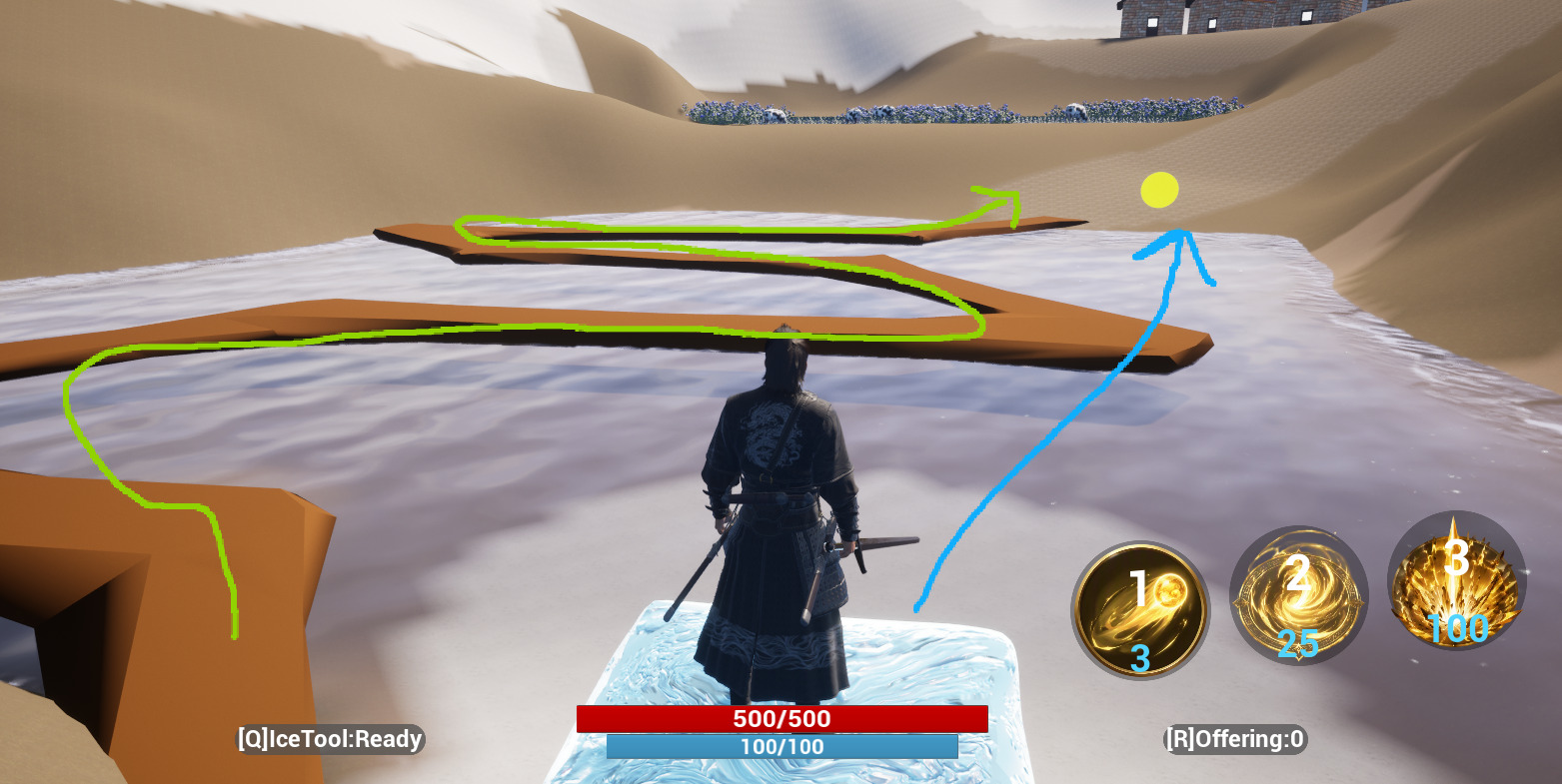 Annotated gameplay view of the bridge route and the direct route across water