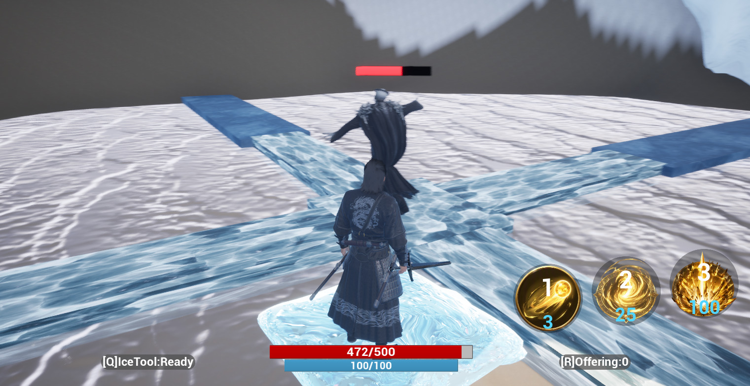 The player uses a created ice platform during the boss encounter