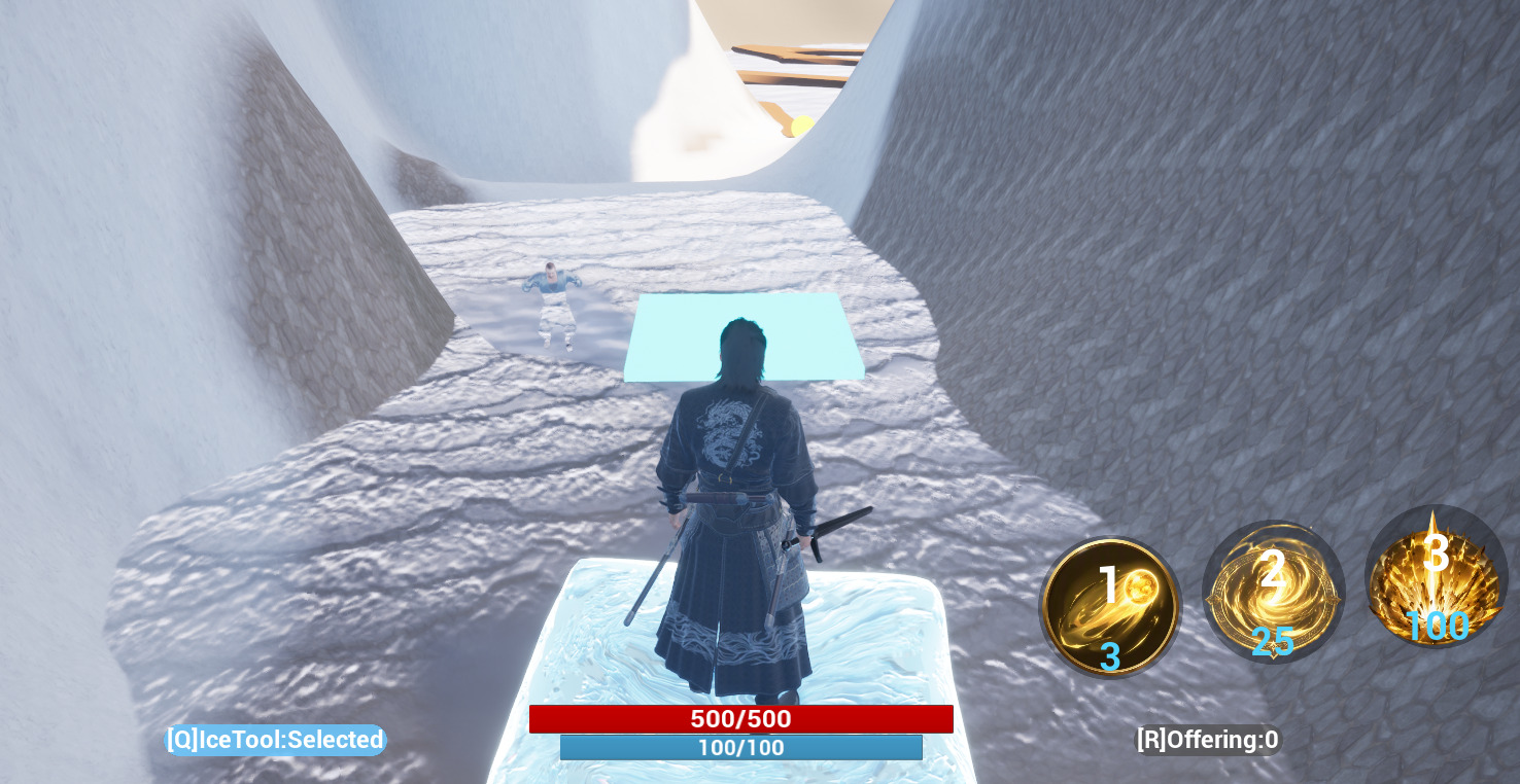 The player stands on an ice platform while crossing the cave pool